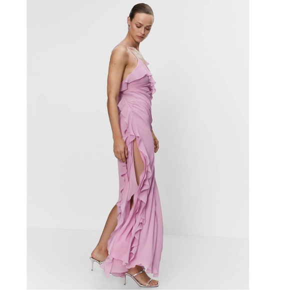RARE MANGO RUFFLES SLIT DRESS PASTEL PINK - Picture 6 of 9